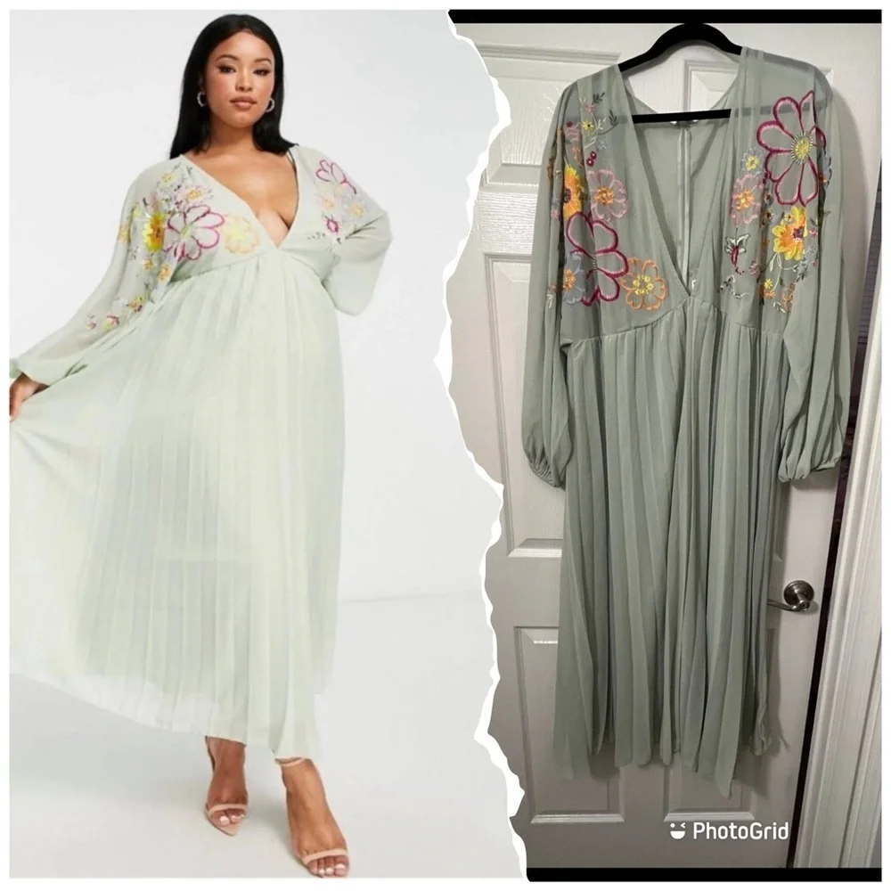 Asos Floral Embroidered Maxi Dress in Light Green size 16 - Picture 1 of 1